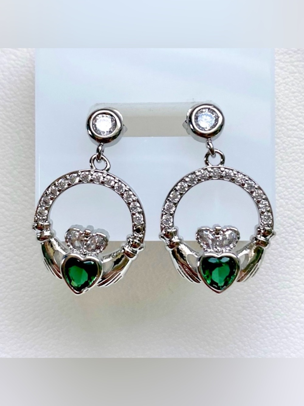 Elegant Silver and Green Heart Earrings